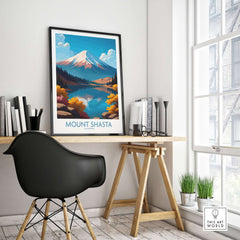 Mount Shasta California Wall Art - California Wilderness Art displayed in a modern workspace with a stylish chair and natural light.