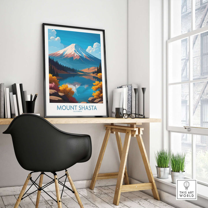 Mount Shasta wall art displayed in a modern workspace, showcasing vibrant colors and serene nature scenery.