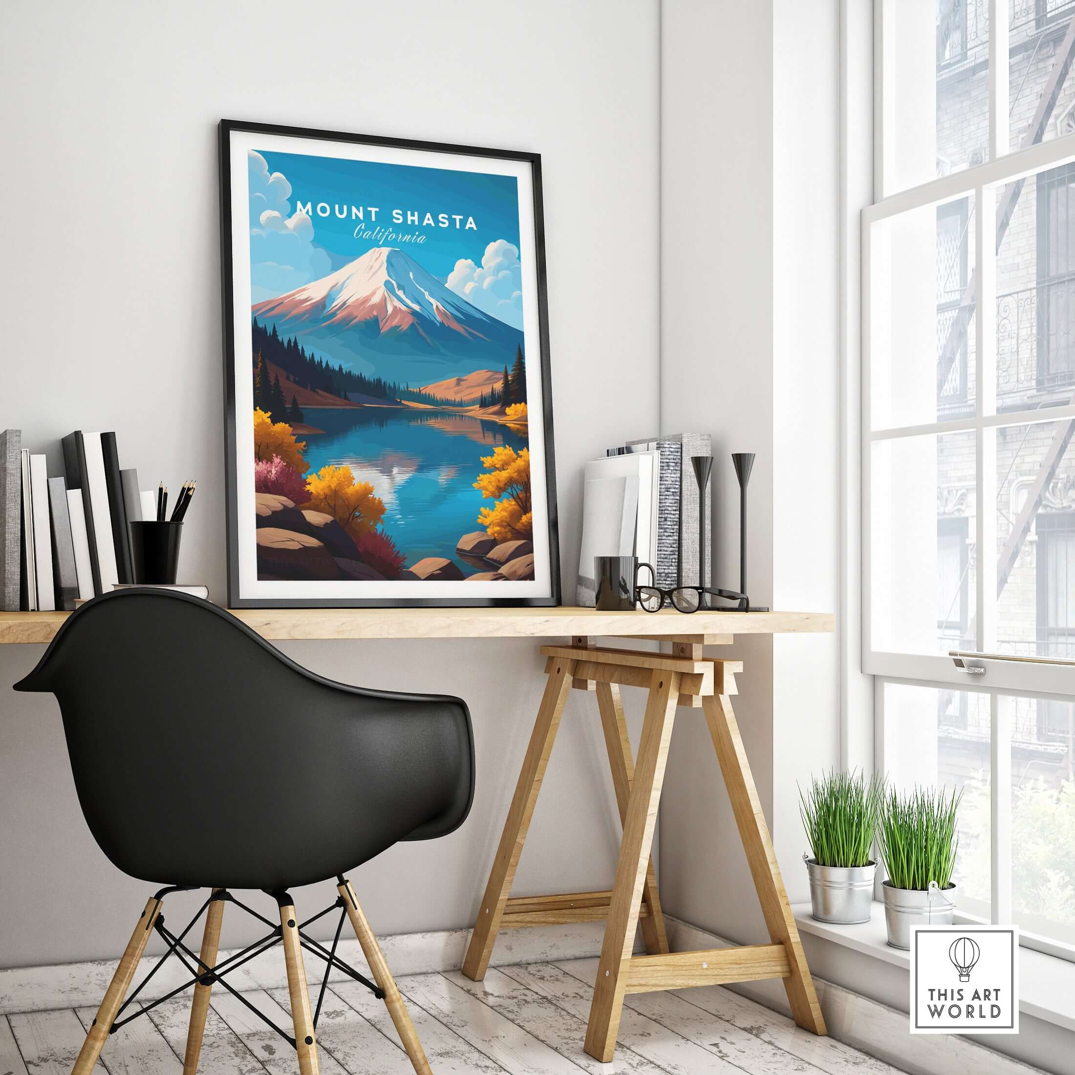 Mount Shasta Wall Art - California Travel Print showcased in a stylish interior with a desk, books, and natural decor.
