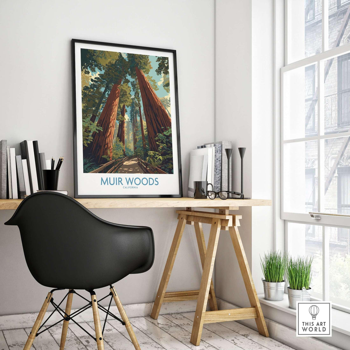 Muir Woods California National Monument Poster - California Nature Print displayed in a modern workspace with natural light.