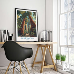 Muir Woods California National Monument Poster - California Nature Print displayed in a modern workspace with natural light.