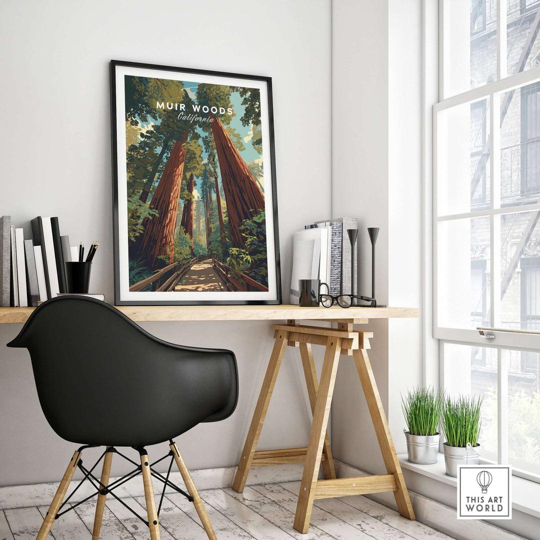Muir Woods California Redwood Forest trail print featuring towering trees in a serene home office setting.