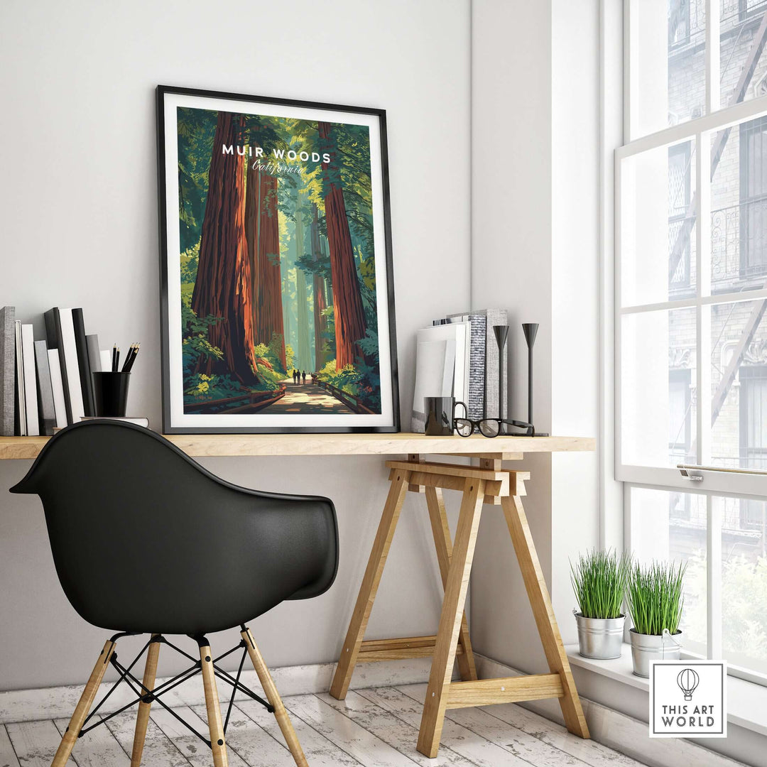 Muir Woods poster showcasing towering redwoods, bringing California's calm nature to your home office decor.