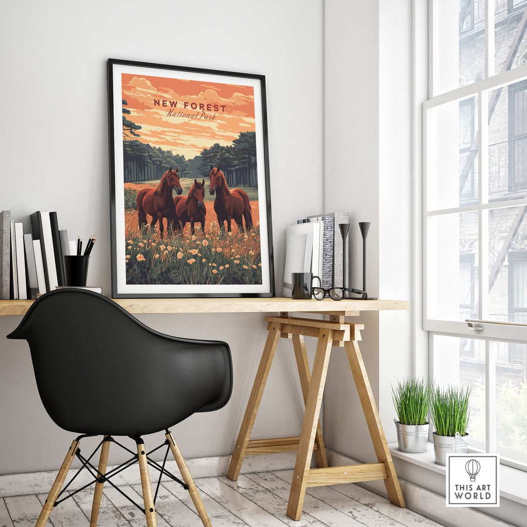 New Forest Print poster of UK National Park with horses, displayed in a stylish room with a modern black chair and wooden desk.