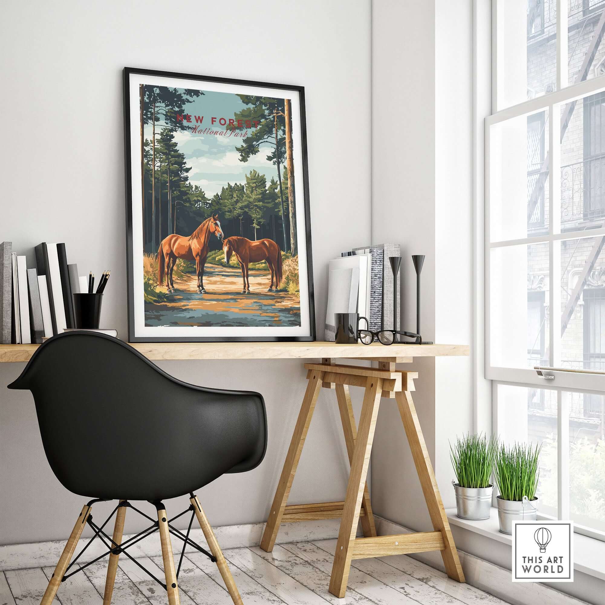 New Forest Print National Park poster featuring majestic horses in a stylish interior setting.