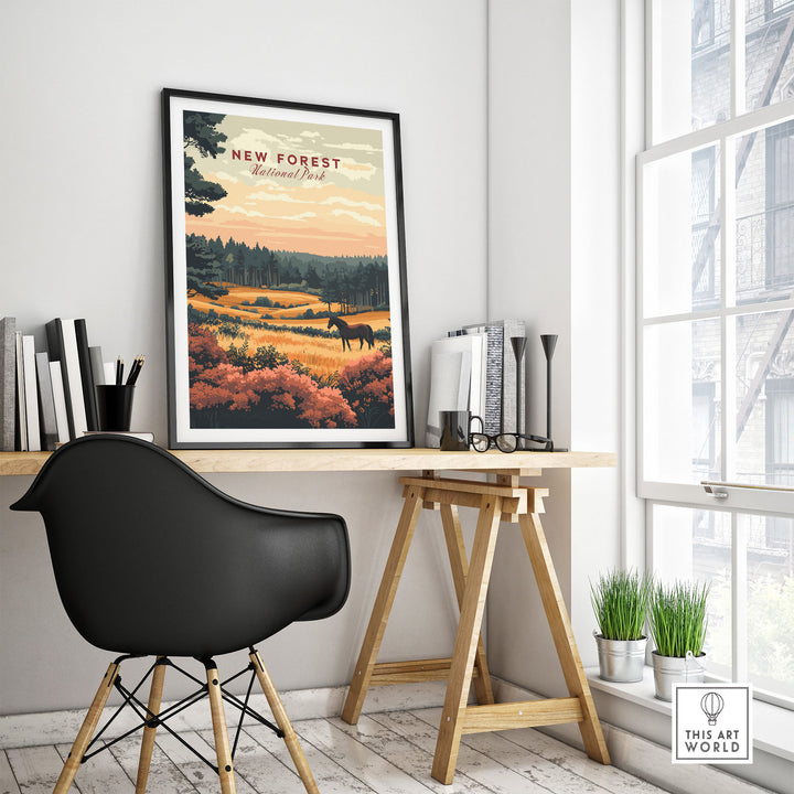 Modern workspace with New Forest England National Park print, showcasing natural beauty and adventure inspiration. UK Wall Art Poster.