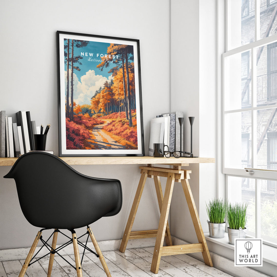 New Forest Travel Poster England on wall, showcasing vibrant autumnal landscape in modern room setting. UK wall art decor.