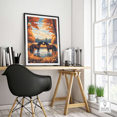 New Forest Wall Art Print featuring serene horses in a tranquil forest setting, perfect for home decor.