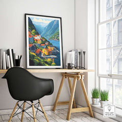 Odda Print Norway showcasing a stunning view of colorful houses and mountains, perfect for home decor.