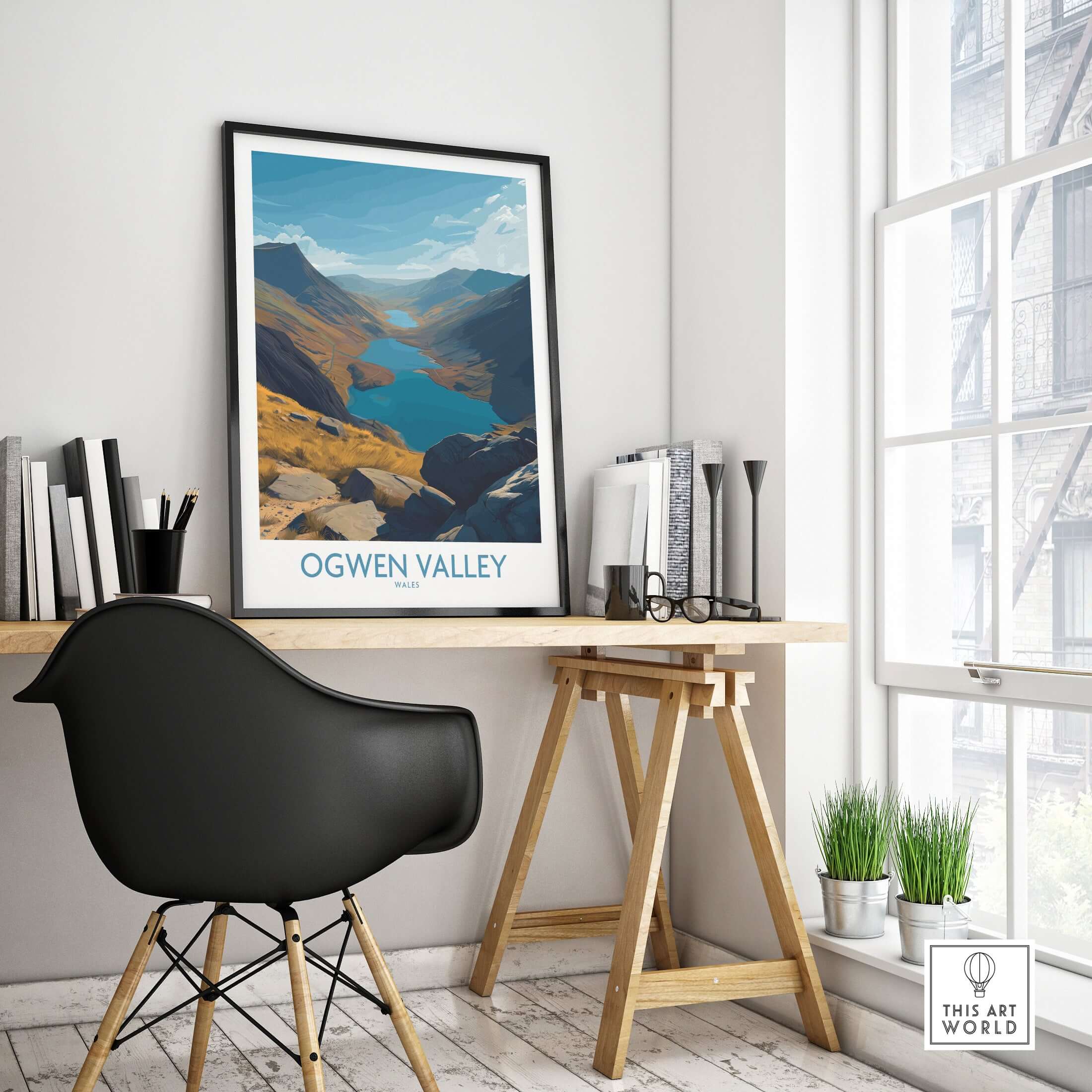 Ogwen Valley Wales Poster Blue Lakes & Peaks - Welsh Wilderness Decor displayed in a modern workspace.
