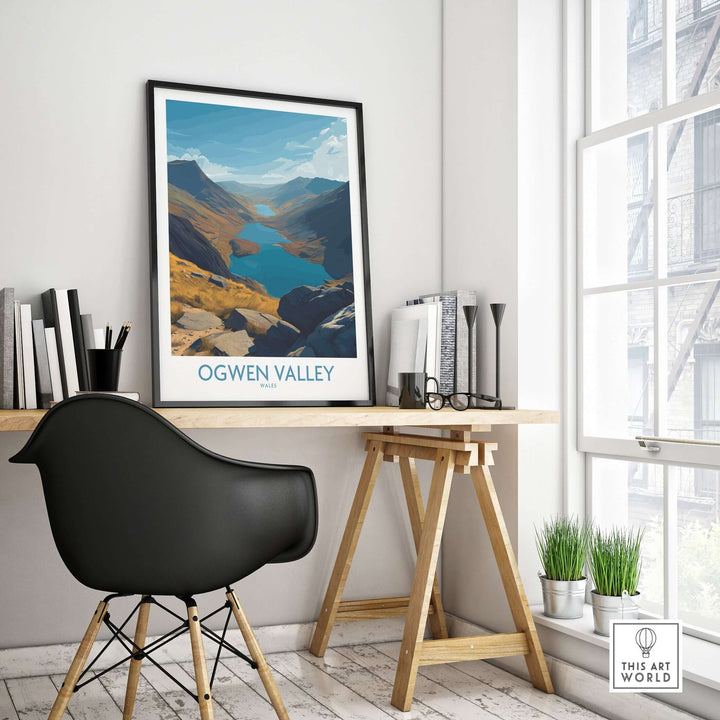 Ogwen Valley Wales poster featuring blue lakes and peaks, perfect for nature-inspired home decor.