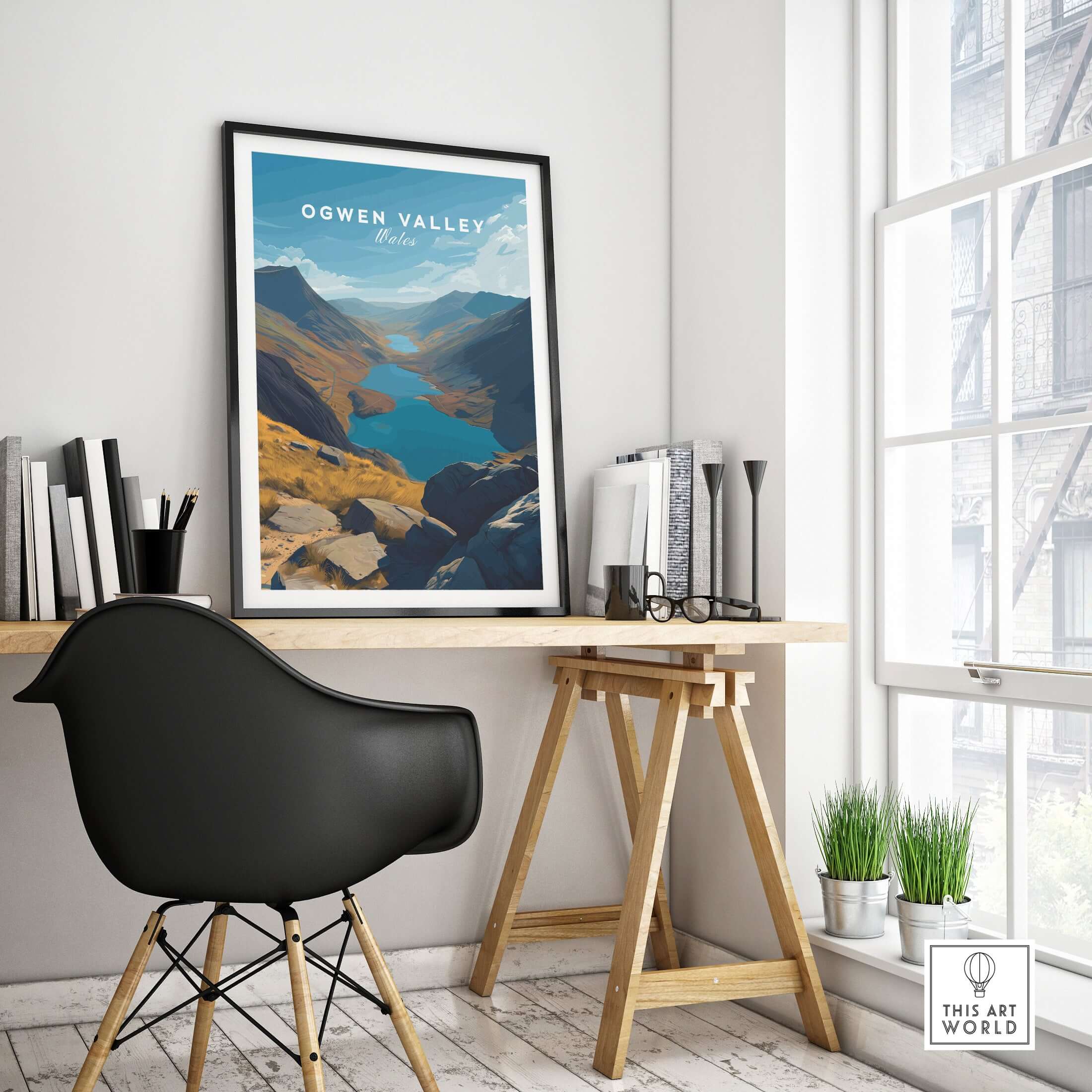 Ogwen Valley Print  Wales Mountain Lakes Landscape - Snowdonia Valley Wall Art displayed in a modern home office.
