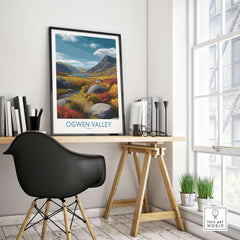 Ogwen Valley Wall Art Wales Rocky Valley - Welsh Nature Travel Decor displayed in a stylish home office.