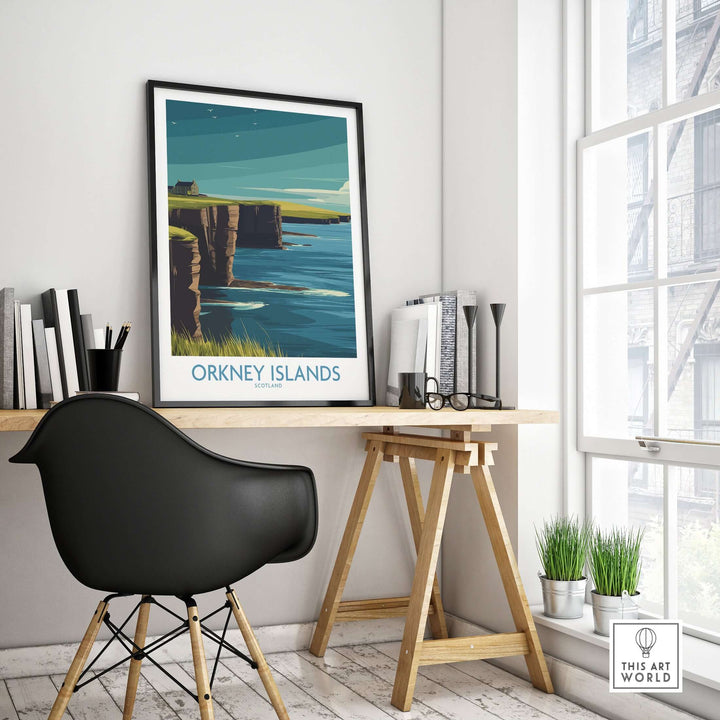 Vibrant Orkney Islands wall art displayed in a stylish workspace, perfect for Scottish travel decor.