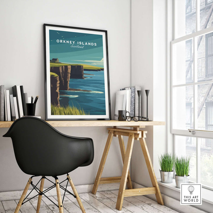Orkney Islands Sea Cliffs print framed on a stylish desk, showcasing dramatic coastal scenery in Scotland.