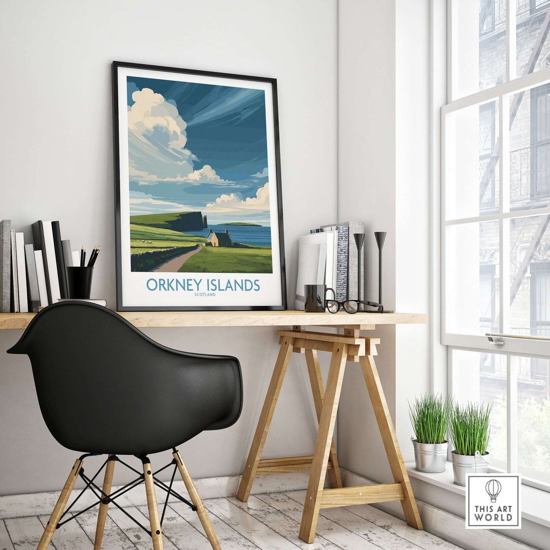 Orkney Islands wall art featuring Scotland's rugged landscape in a modern interior setting.