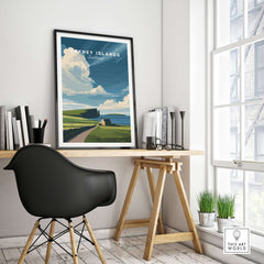 Orkney Islands Coastal Cottage Print - Green Hills Scotland Poster displayed in a bright modern home office setting.