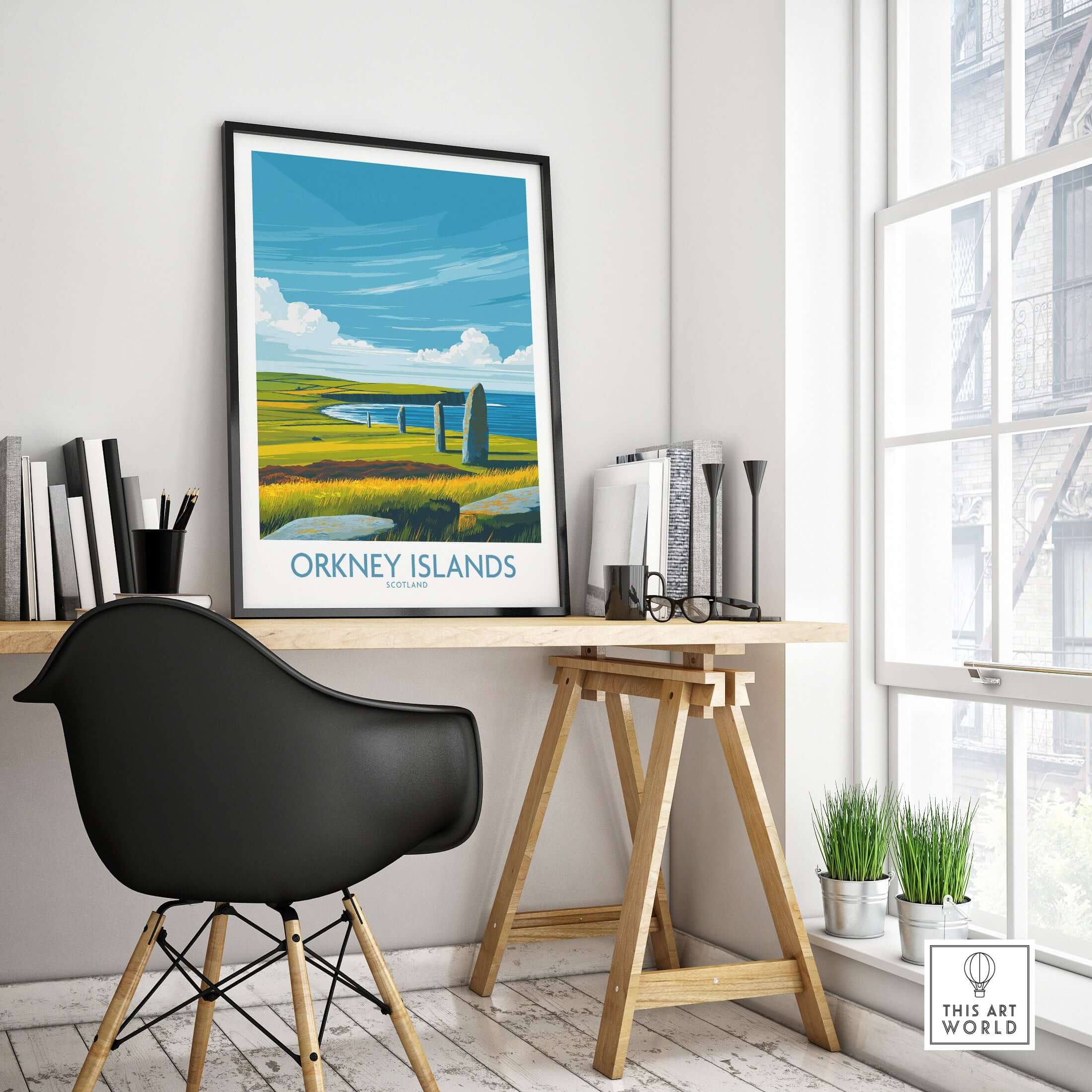 Orkney Islands Scotland Prehistoric Stones Poster - Scottish Travel Decor in a stylish interior with a desk and chair.