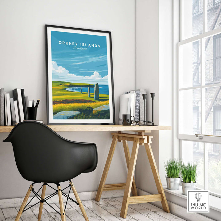 Orkney Islands Standing Stones Print displayed on a desk, showcasing Scotland's ancient landmark with a vibrant landscape.