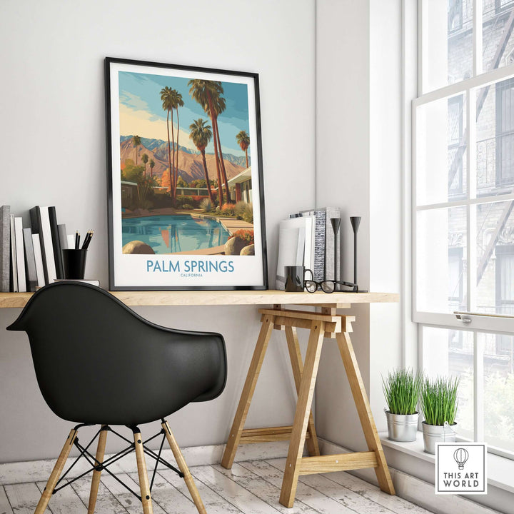 Palm Springs poolside mountain view print in a stylish room, evoking California travel decor vibes.