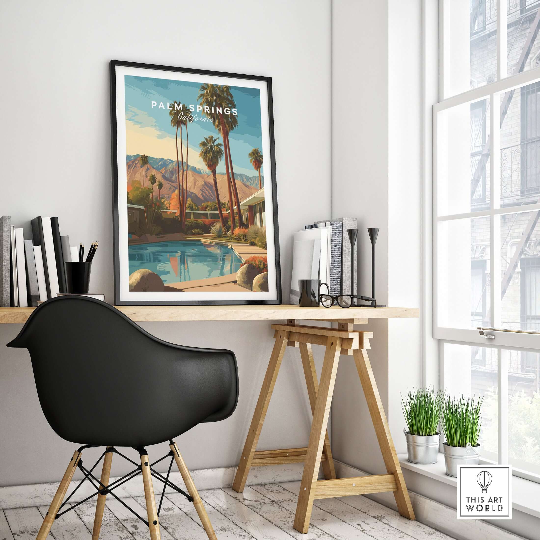 Palm Springs California Mid-Century Modern Home Poster - Desert City Wall Art displayed in a bright modern workspace.