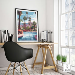 Palm Springs California Tropical Poolside Print - Mountain Landscape Wall Art displayed in a bright modern office decor.