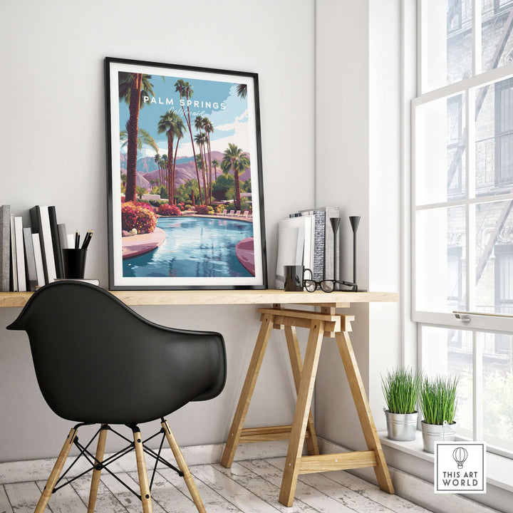 Palm Springs tropical poolside print showcasing serene pool and mountains, perfect for wall art decor.