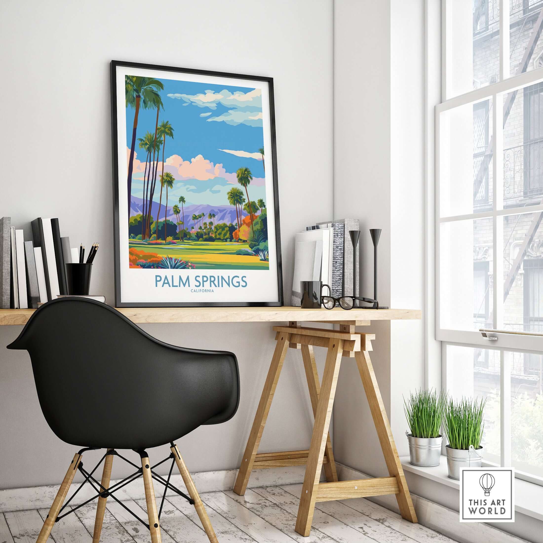 Palm Springs Palm Tree Oasis Wall Art - California Travel Poster displayed in a chic workspace.