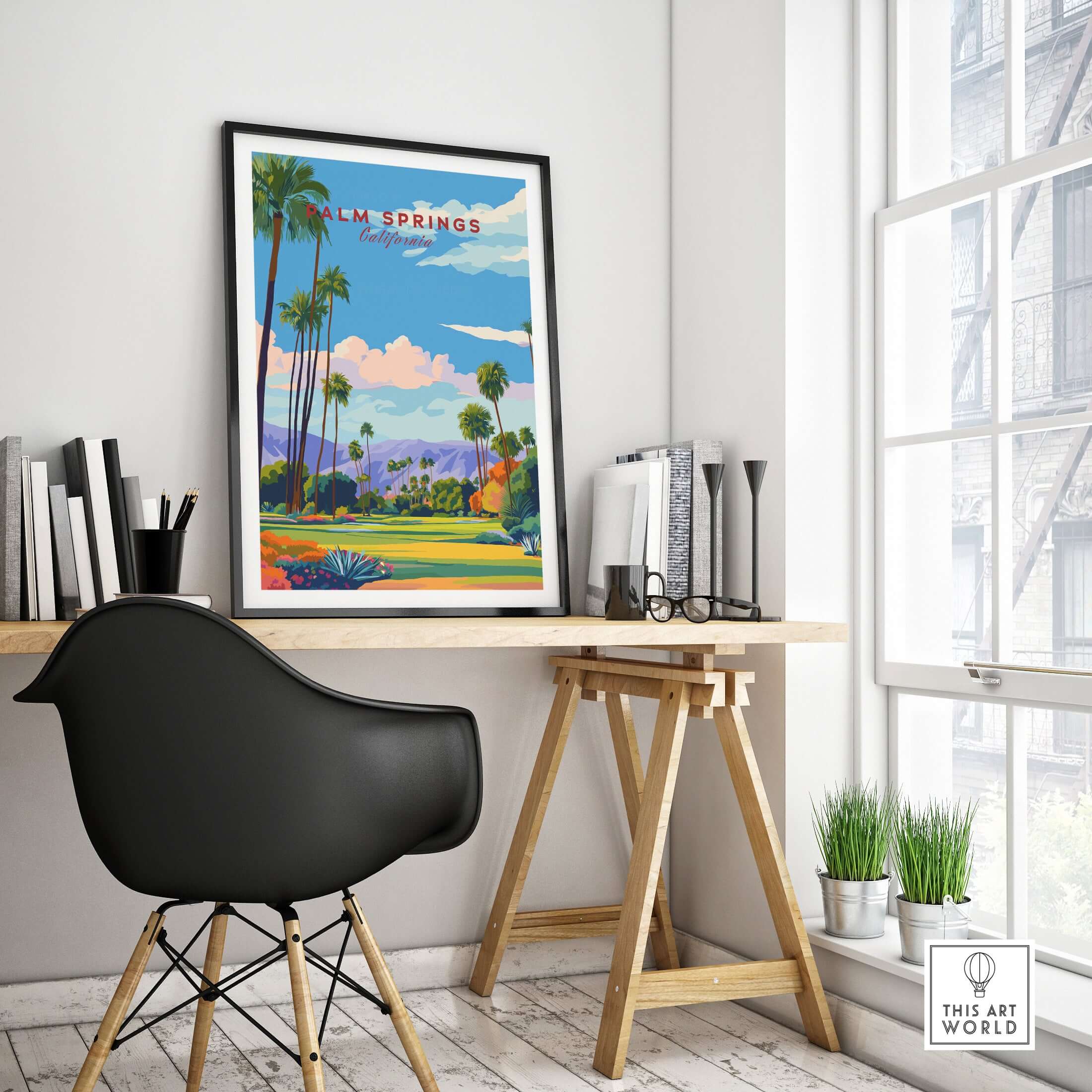 Palm Springs Golf Course Poster - California Desert Mountain View Print displayed in modern workspace with stylish decor.
