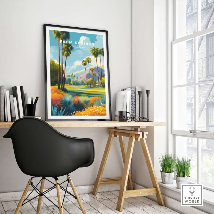 Palm Springs golf course mountain view print displayed in a modern workspace, showcasing a vibrant desert landscape.