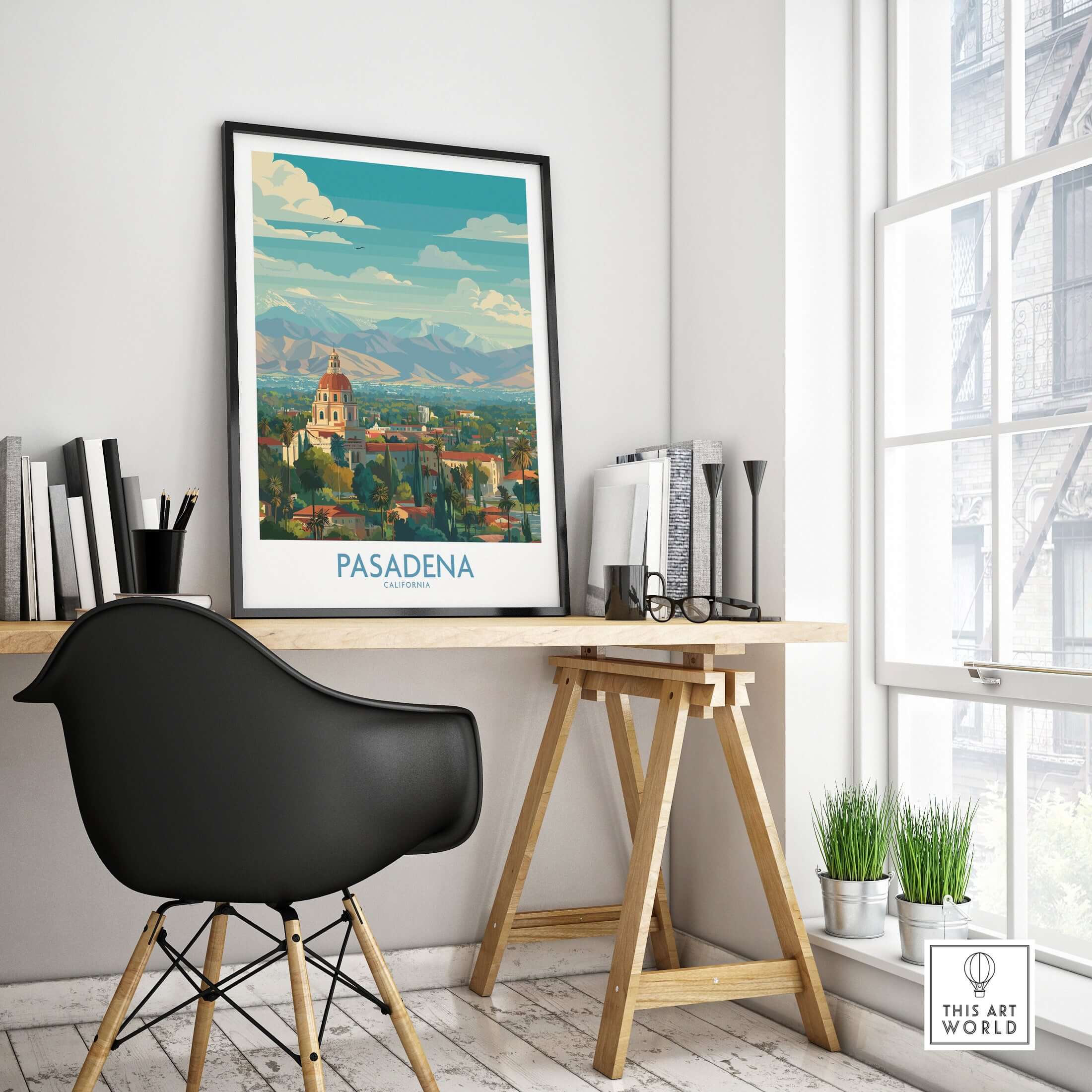 Pasadena California Skyline Wall Art Print displayed in a modern workspace with a scenic view.
