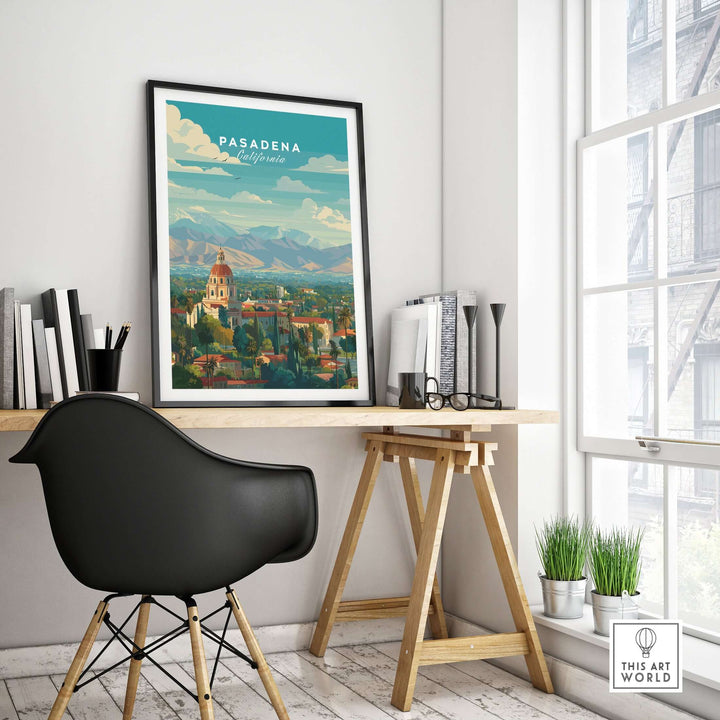 Pasadena California print of City Hall with San Gabriel Mountains, ideal for home decor and California culture enthusiasts.