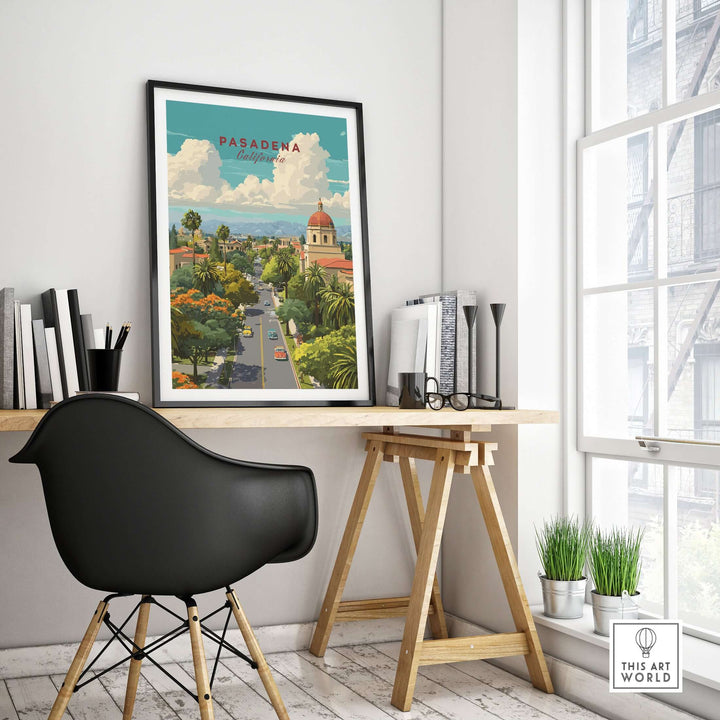 Pasadena cityscape poster displayed in a stylish workspace, featuring vibrant urban views and iconic landmarks.