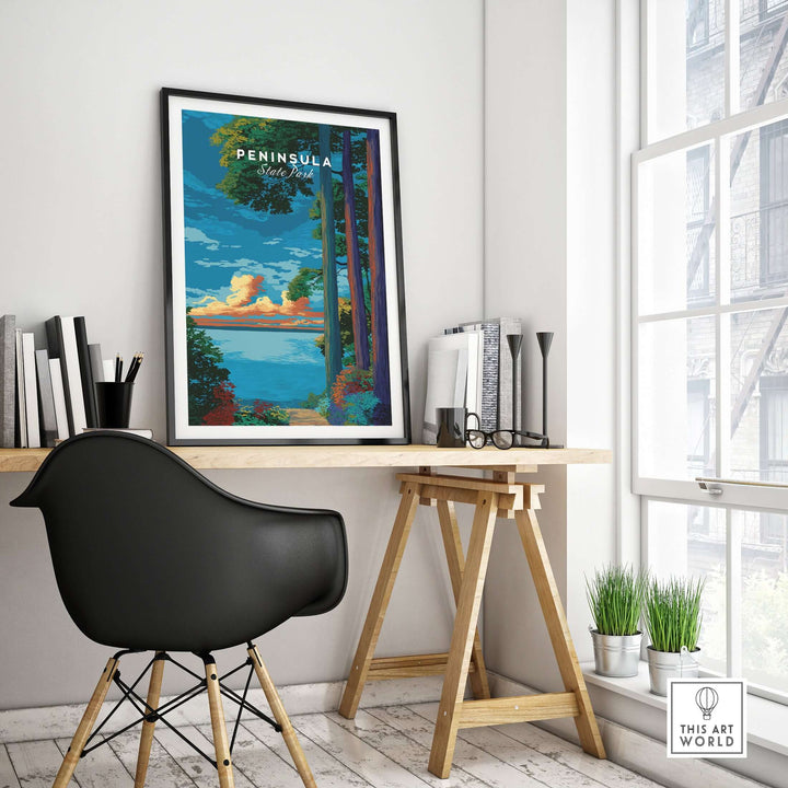 Peninsula State Park Wisconsin Forest Path Sunset Poster displayed in a modern office setting with natural light.