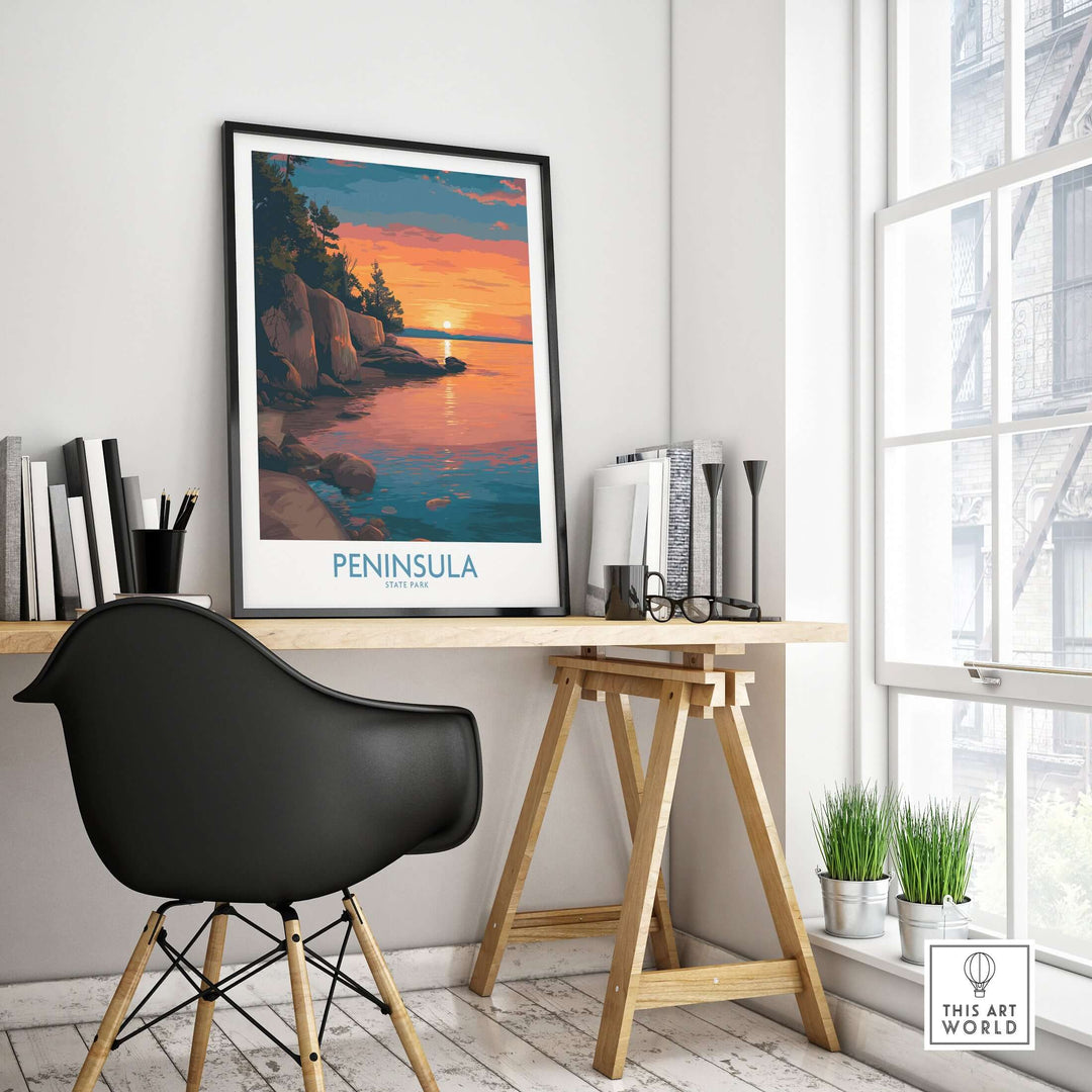 Peninsula State Park golden hour lake view poster in a modern room setting, perfect for Wisconsin travel decor.