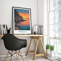 Peninsula State Park Golden Hour Lake View Poster - Wisconsin Travel Decor displayed in a stylish office setting.