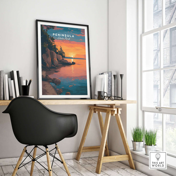 Peninsula State Park sunset print showcasing Wisconsin's rocky shoreline in a stylish home office.