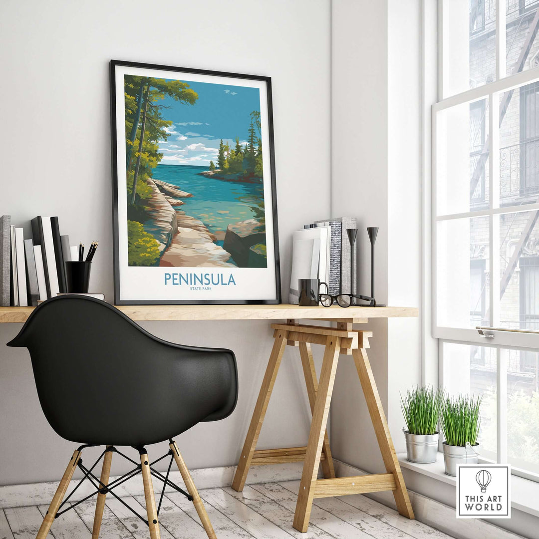 Peninsula State Park wall art displayed in a stylish home office with a black chair and natural light.