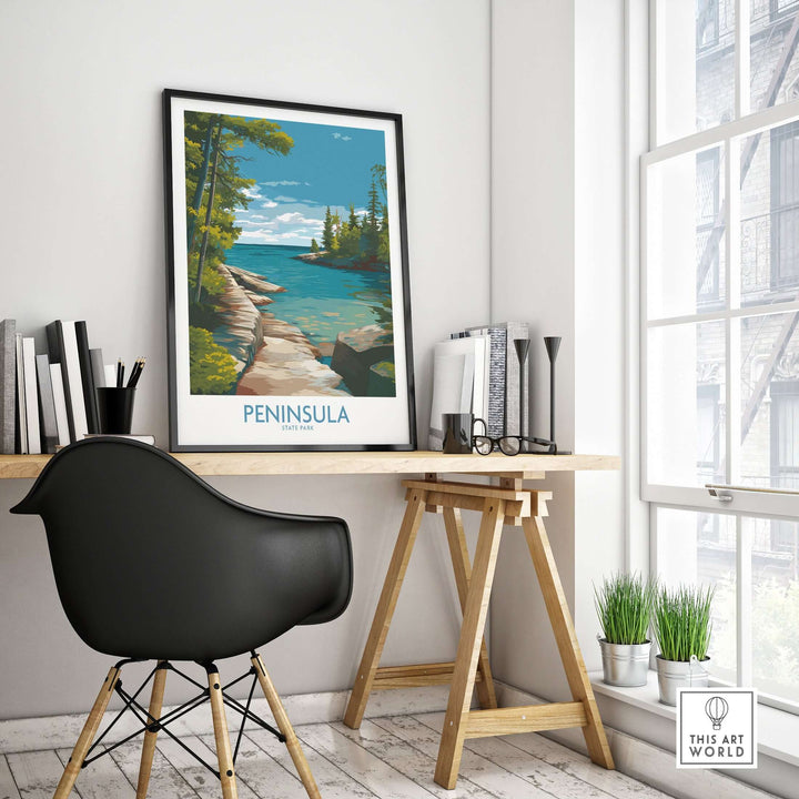 Peninsula State Park wall art displayed in a stylish home office with a black chair and natural light.