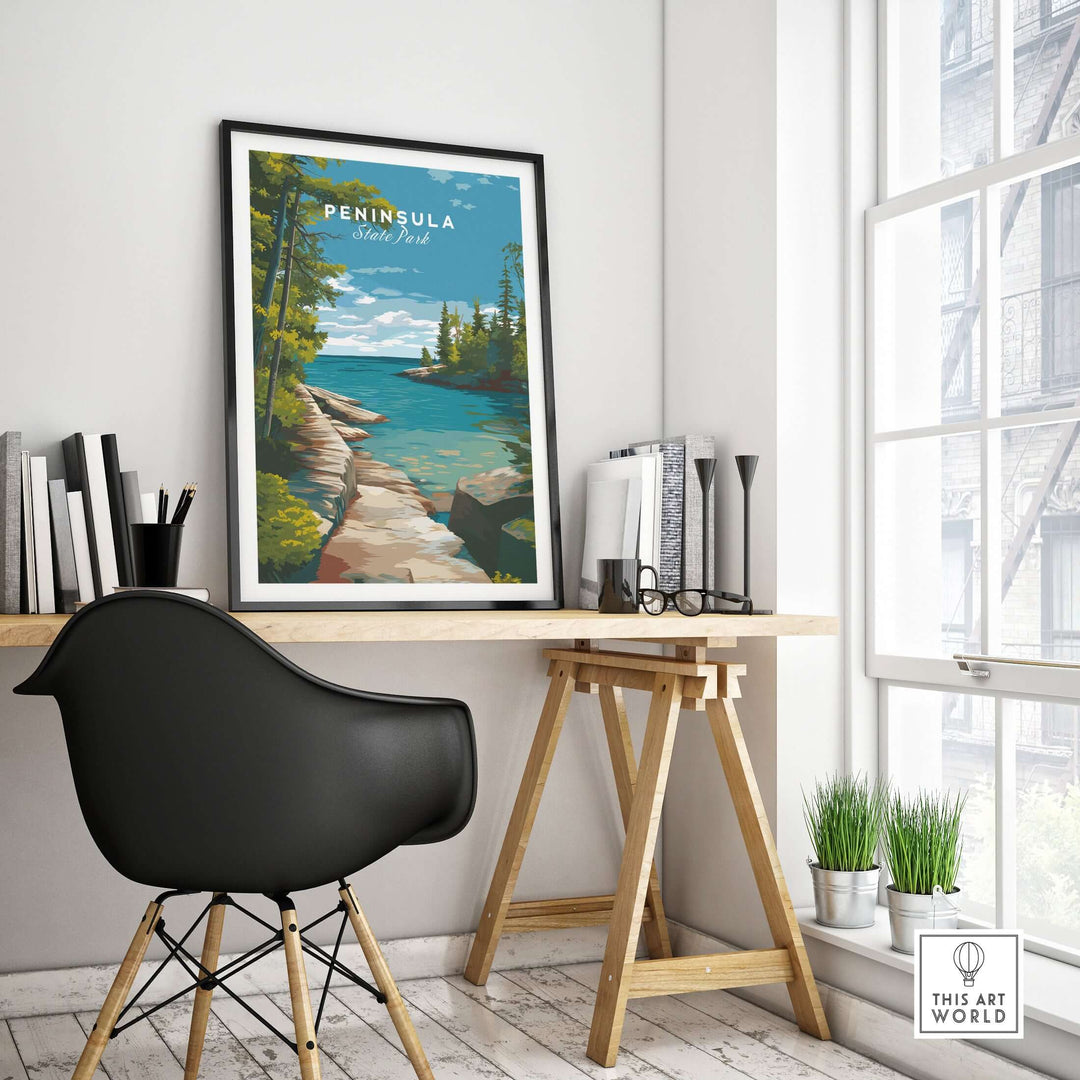 Peninsula State Park Wisconsin rocky coastline print in a modern home office with elegant decor.