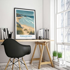 Perranporth Cornwall Ocean Waves Seascape Poster - UK Travel Destination displayed in a modern workspace setting.