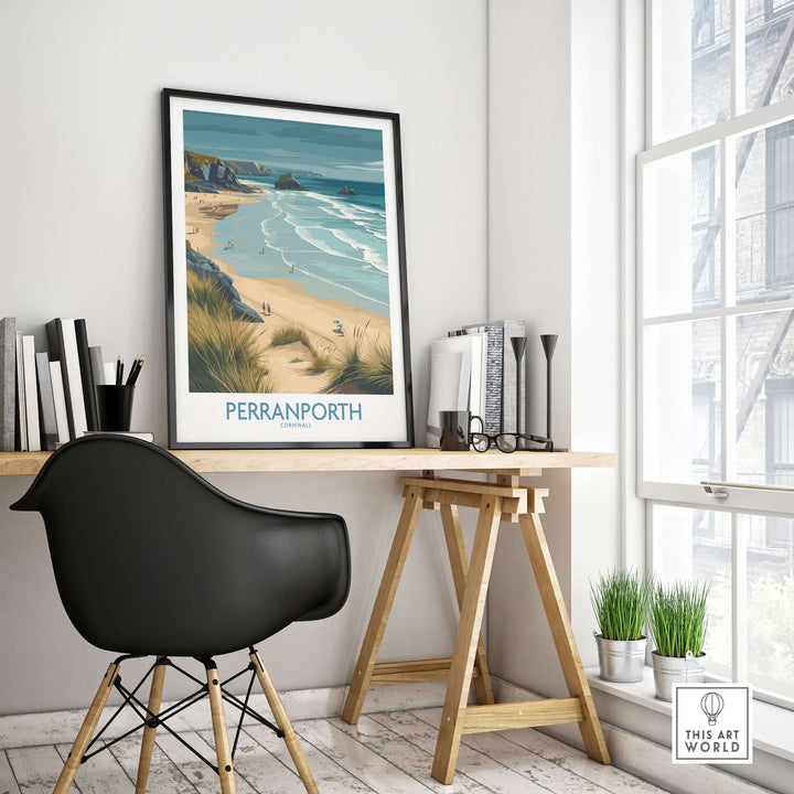 Perranporth Cornwall ocean waves seascape poster displayed in stylish home office interior.