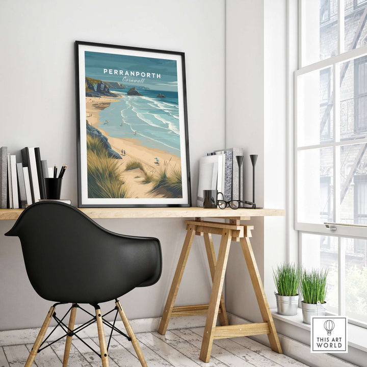 Perranporth Cornwall sandy beach dunes print in stylish home office decor setting.