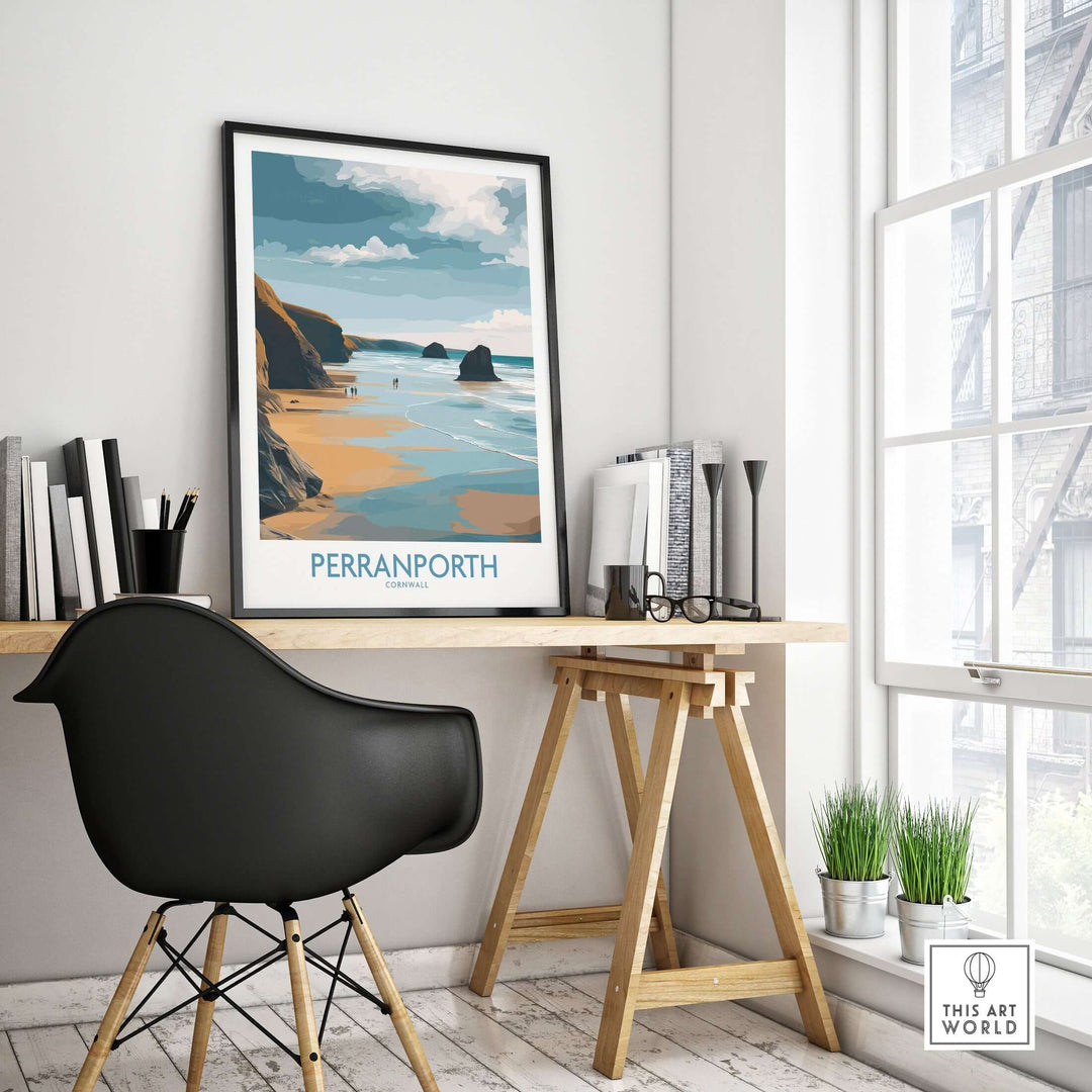 Perranporth Cornwall Ocean Walk wall art displayed in a stylish home office with coastal decor.