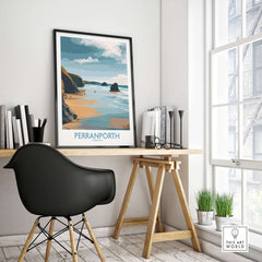 Perranporth Cornwall Ocean Walk Wall Art - UK Seaside Decor displayed in modern home interior with stylish desk and chair.