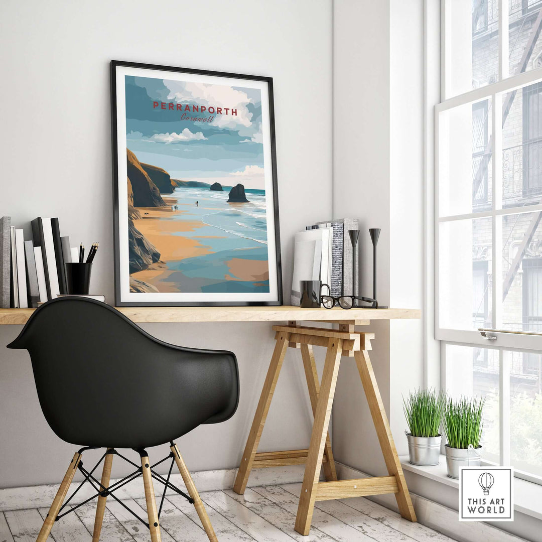 Perranporth Low Tide Beach Poster on a wall above a stylish desk in a modern interior, featuring the Cornish Coast.