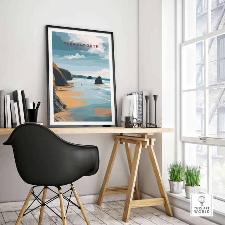 Perranporth Low Tide Beach Poster on a wall above a stylish desk in a modern interior, featuring the Cornish Coast.