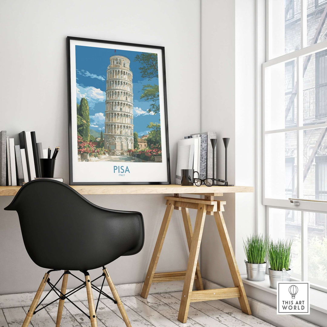Pisa Bell Tower wall art displayed in a stylish office with plants and books.