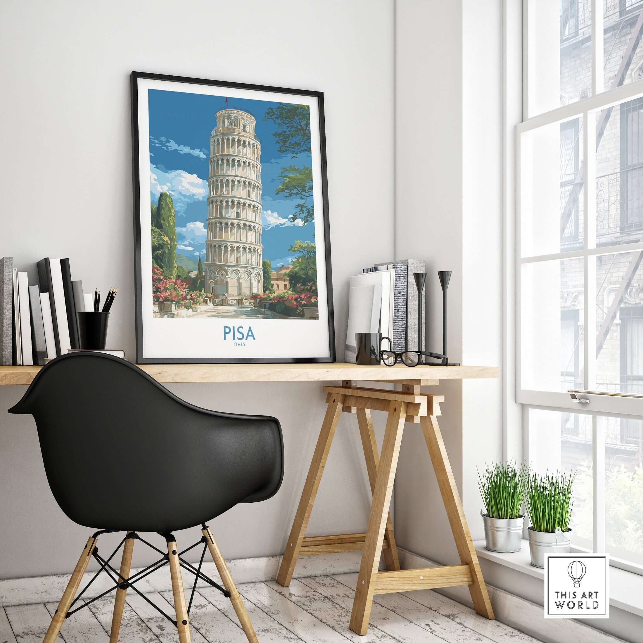 Pisa Italy Bell Tower Travel Wall Art - Historic Tuscany Poster displayed in a modern home office decor.