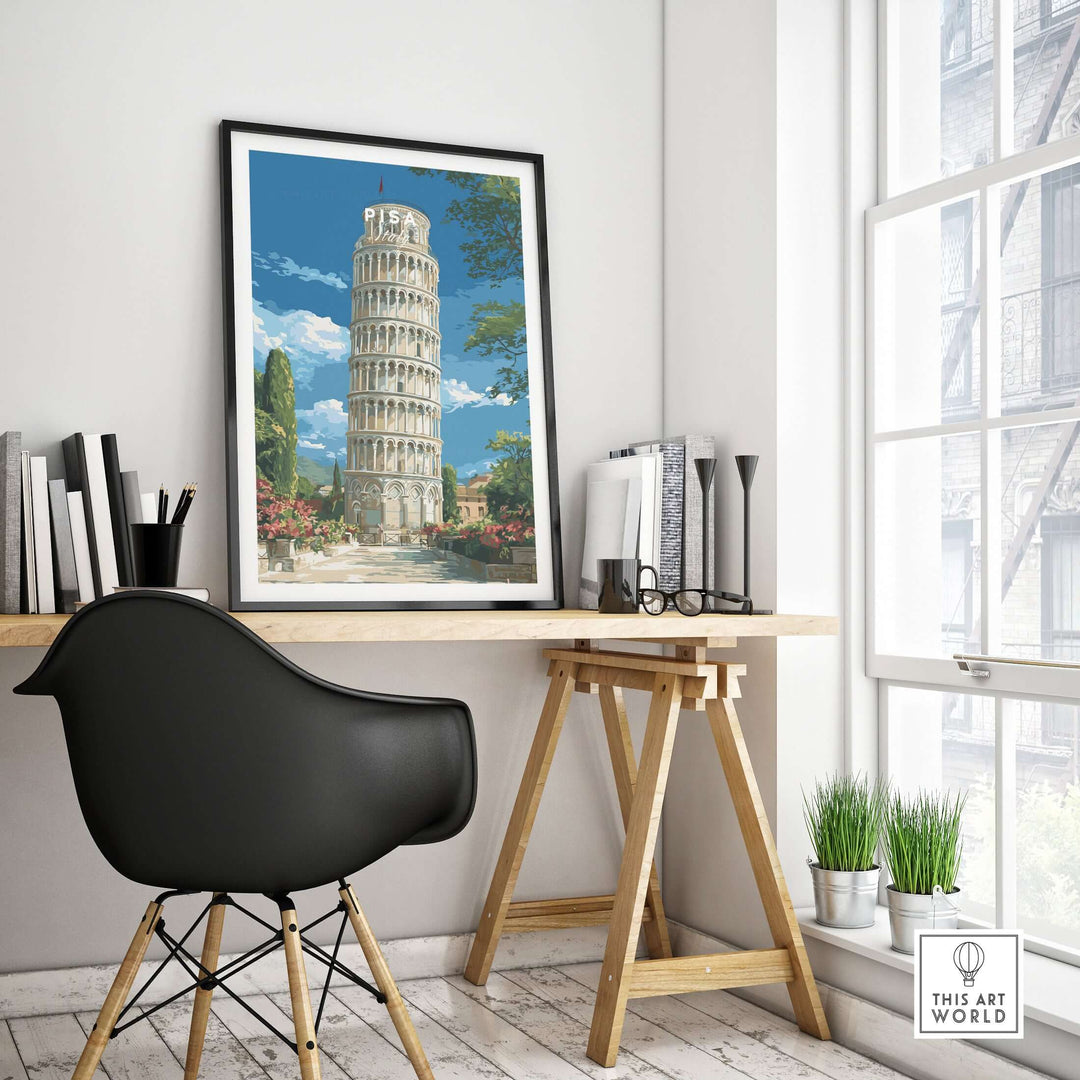 Leaning Tower of Pisa print framed in a contemporary office setting, showcasing iconic Italian architecture.